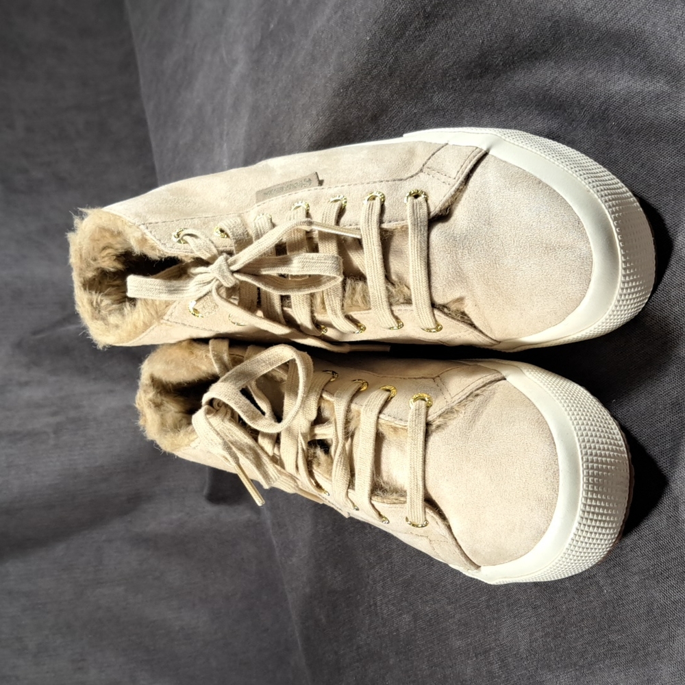 Superga Mono Tan Faux Suede Faux Fur Lined High Top Lace Up Sneakers VG US 5